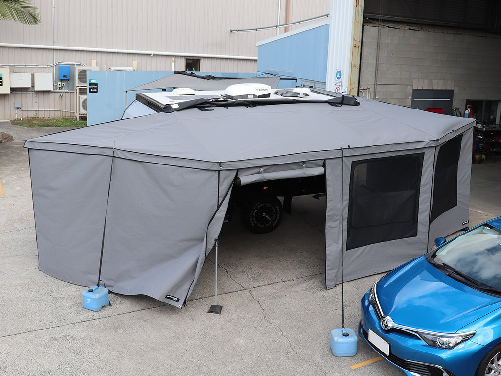 Supa Peg Australia Supa Wing Hybrid Camper Awning Kit with walls, 270-degree coverage, set up on a caravan.